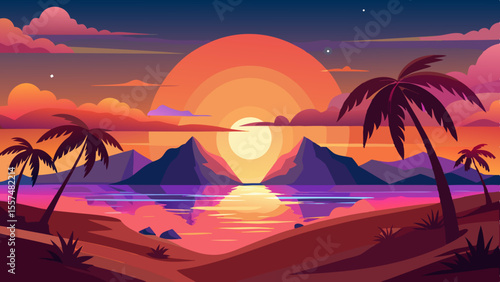 A vivid sunset casts warm colors over a tropical beach scene, with palm trees and mountains reflected in the calm ocean water