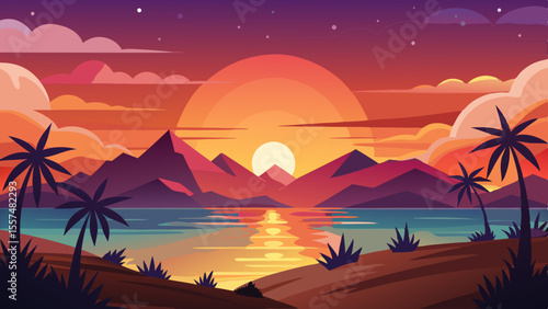 A picturesque sunset scene featuring palm trees, a tranquil ocean, and majestic mountains reflecting in the water