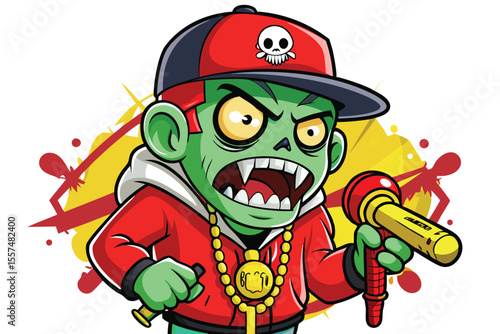 Cartoon Zombie Rapper with Microphone and Gold Chain Illustration on White
