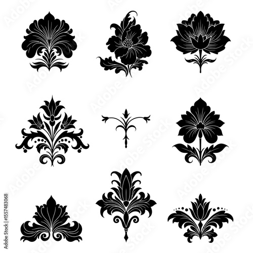 Elegant Black and White Silhouette Floral Arrangements: Roses, Lilies, and Carnations for Design Elements