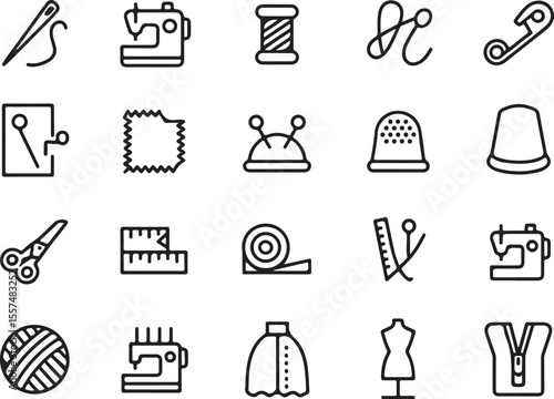 Essential Sewing Tools: A collection of meticulously crafted line drawings showcases an array of essential sewing tools, each representing a facet of the art of dressmaking and tailoring.