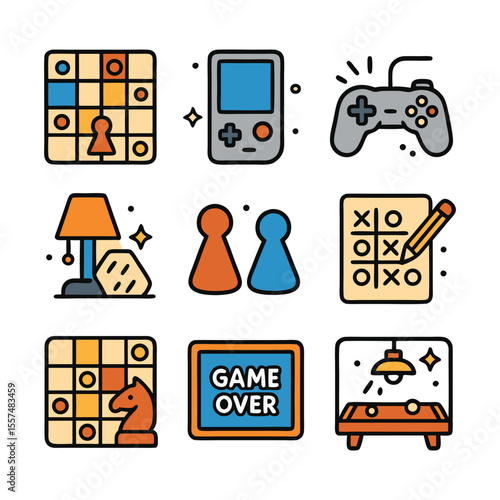 Nine colorful game icons including chess and tictactoe. Suitable for gaming websites, online apps, and educational materials for kids.