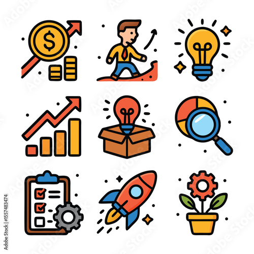 Nine business growth icons suitable for presentations, infographics, websites, and social media. Vector illustrations of business success and progress concepts.