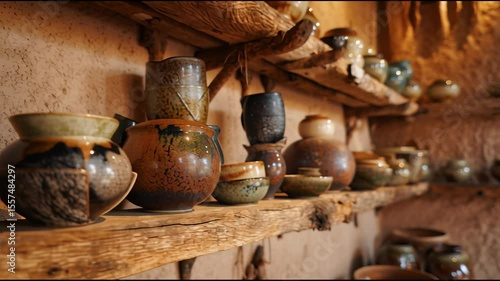 Close-up of ceramic pottery displayed on wooden shelves, showcasing artisanal craftsmanship and rustic decor