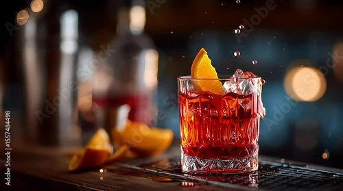 A cocktail being poured into a glass with ice and an orange slice on a bar top