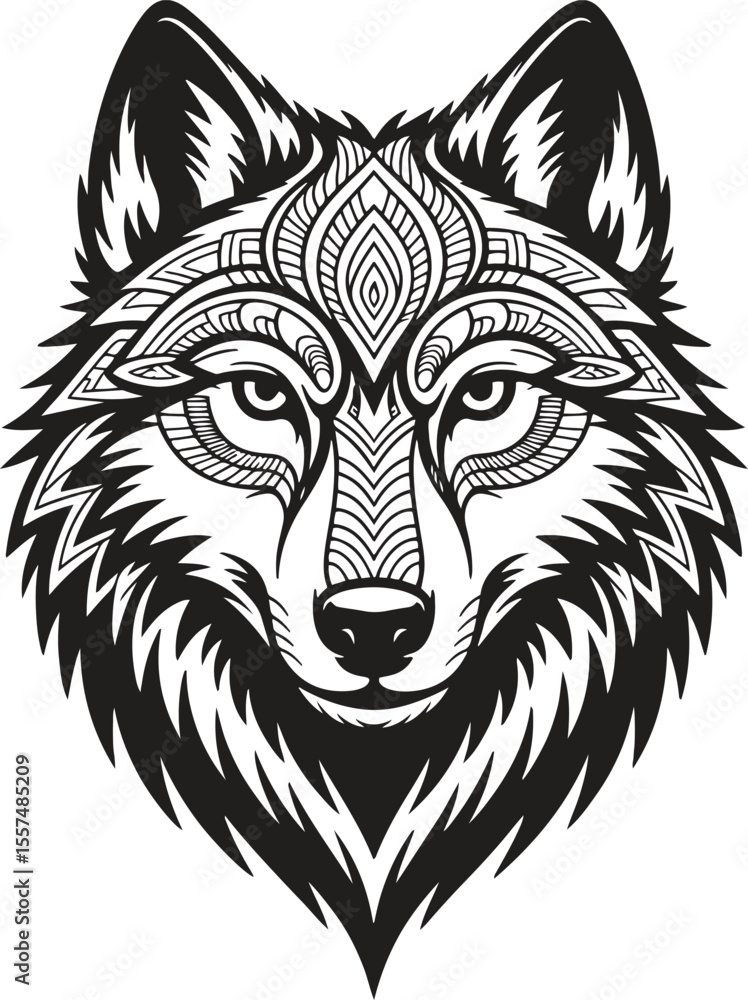 Fototapeta premium Ornate Mandala Wolf Head: Intricate Line Art, Spiritual Animal, Black and White Design, Mystical Wildlife Illustration.