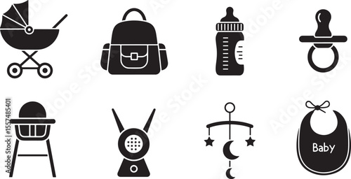 Baby essentials icon set: stroller, diaper bag, bottle, pacifier, high chair, monitor, mobile, bib, isolated on white background.