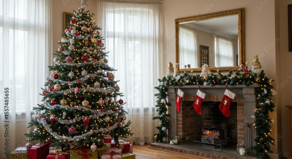 A festive living room decorated with a Christmas tree and fireplace, ready for the holidays. A festive living room decorated with a Christmas tree and fireplace, ready for the holidays.
