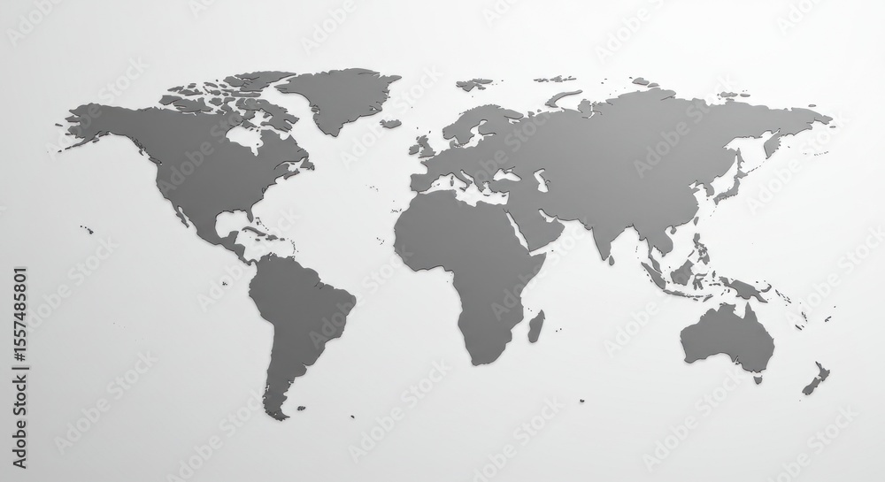 Fototapeta premium A grayscale world map, displaying all continents and major landmasses.