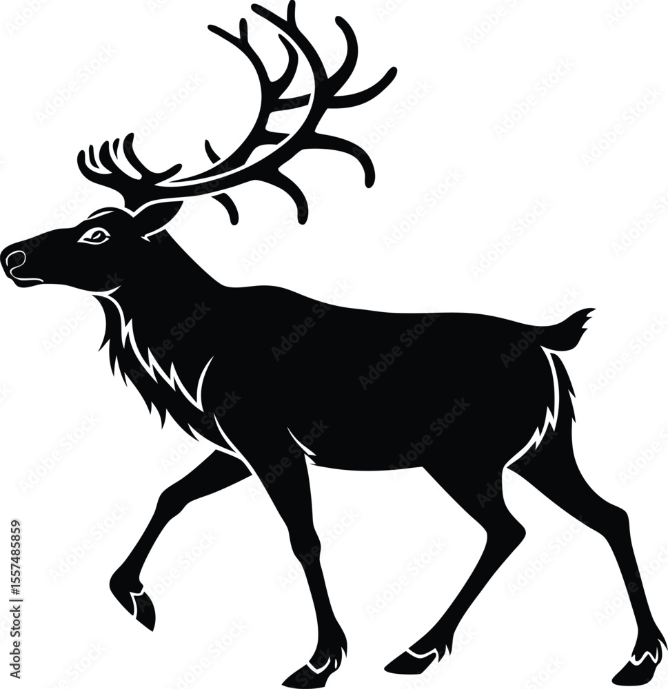 Obraz premium Reindeer or Deer Silhouette with Large Antlers – Wildlife Vector Illustration
