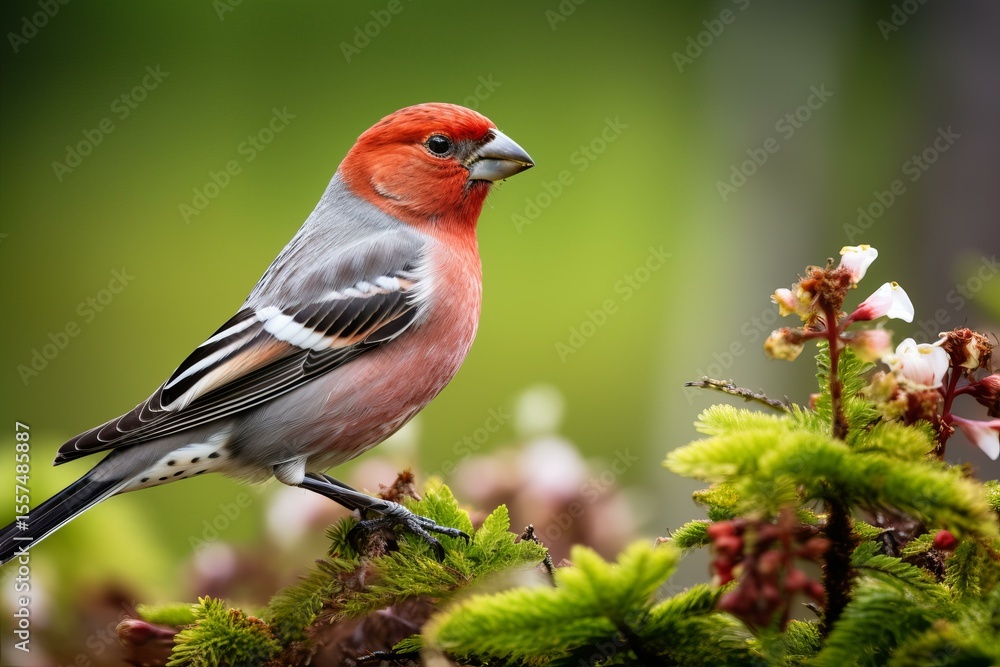 Fototapeta premium Colorful pine grosbeak perching on a branch with a smooth green background