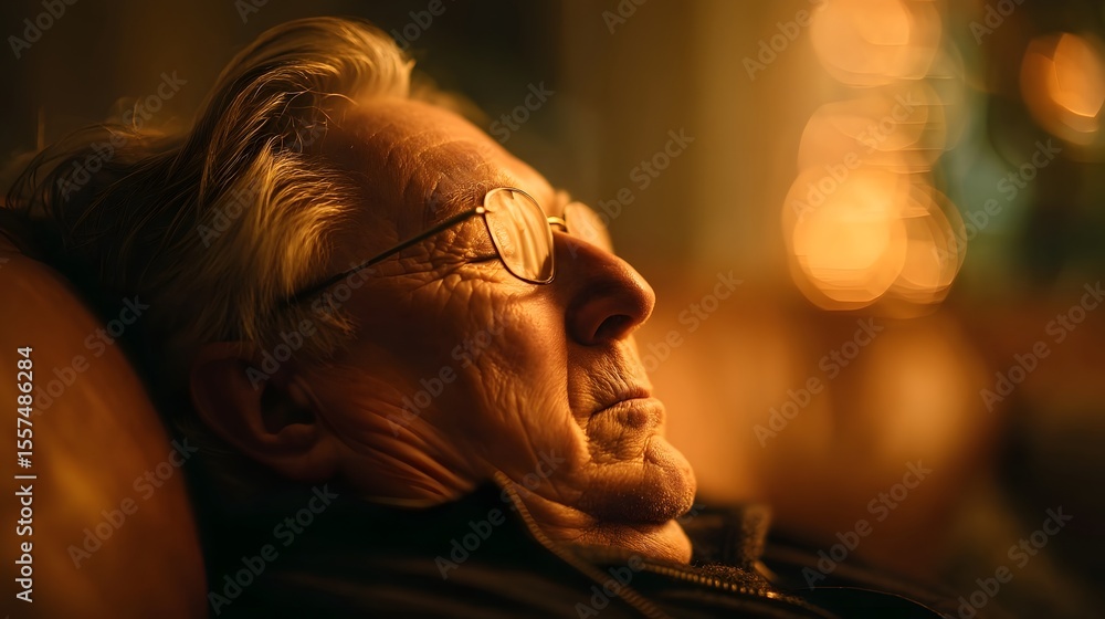 Elderly person snoring softly in recliner relaxed face in warm light Elderly person snoring softly in recliner relaxed face in warm light
