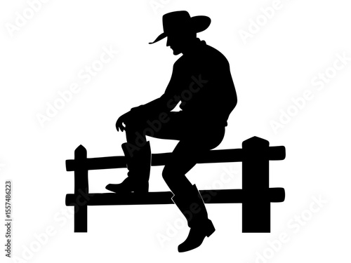 Cowboy sitting wooden fence full black silhouette vector illustration design