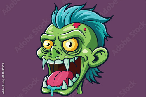 Cartoon Zombie Head with Blue Hair and Open Mouth Illustration