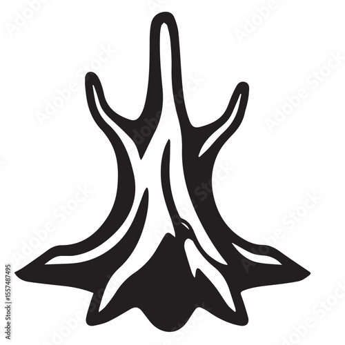 
A abstract vector image featuring a dark, organic, and symmetrical shape resembling a stylized root system or inverted tree, against a white background.