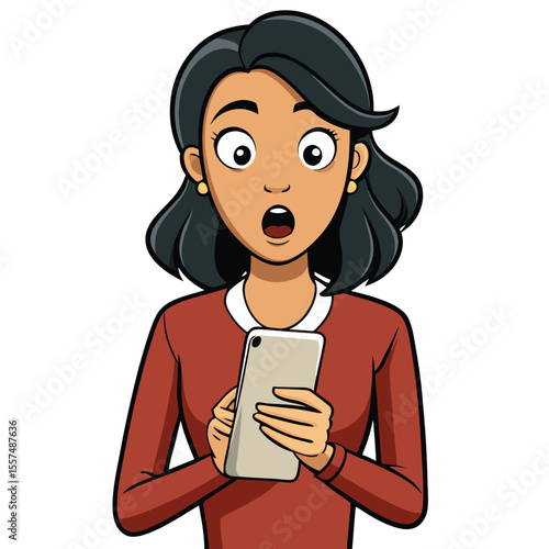 A woman checks her phone with a surprised expression, reacting to an unexpected message on a plain background.