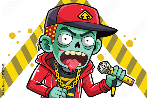 Cartoon Zombie Rapper with Microphone and Gold Chain Illustration