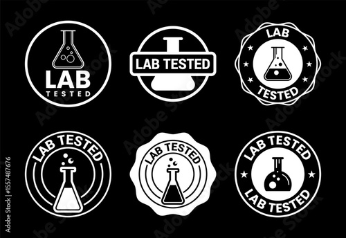 Lab tested icons set design. Laboratory testing product quality certificate symbol,  Clinically certified white on black background