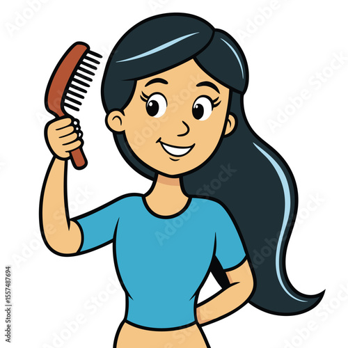 A woman combs her long hair, engaged in a calming daily beauty routine on a clean white background.
