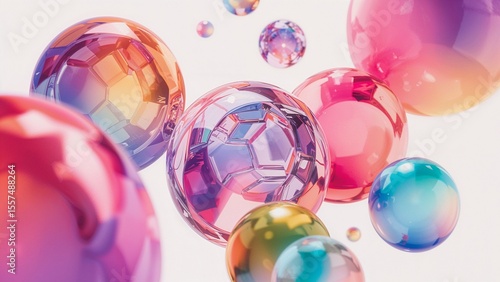 Vibrant 3D Dimensional Abstract Art Featuring Floating and Intersecting Translucent Spheres and Geometric Orbs in Reflective Pink, Orange, Blue, and Green Hues.
