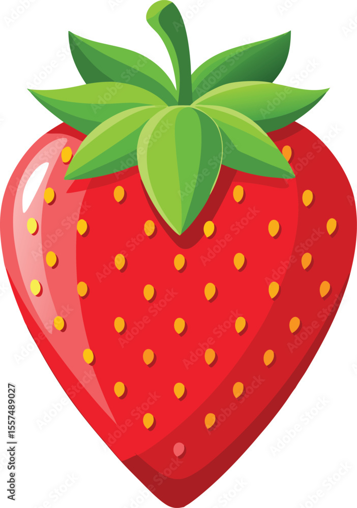 Obraz premium Vibrant red strawberry with green leaves and yellow seeds 