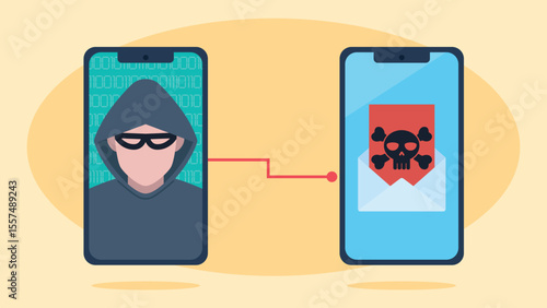 Hacker sends emails with a virus. On the screen of a mobile phone a hacker who takes control of another phone. Email with a virus. Flat design vector. A man in a mask and hood.