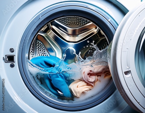 washing machine s drum filled with water and clothes