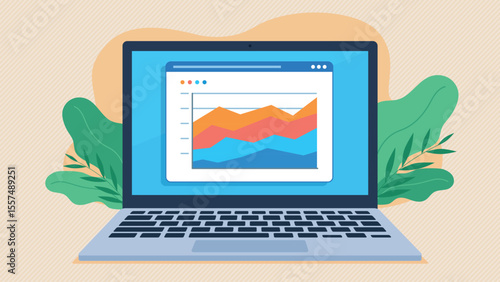 Stock chart on a website on a laptop screen. Vector graphics in flat design style. Chart with marketing results. Laptop with data.