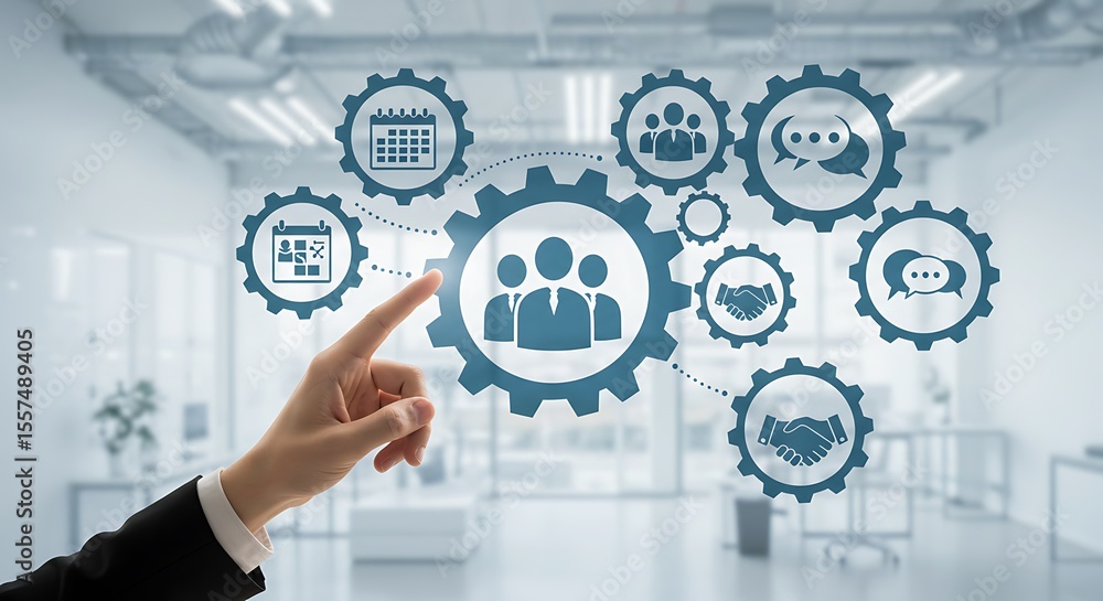 A hand pointing at a network of gears representing teamwork and collaboration within a business environment. A hand pointing at a network of gears representing teamwork and collaboration within a business environment.