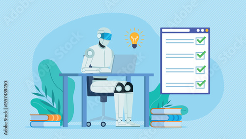 Robot working on laptop and filling out document. Checklist with completed tasks. Artificial intelligence at work. Light bulb with an idea. Vector graphics in flat design style.