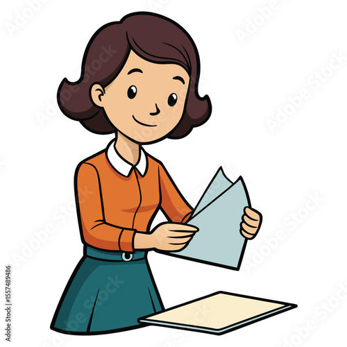 A woman folds paper for scrapbooking, creating memories and artistic designs on a clean white background.