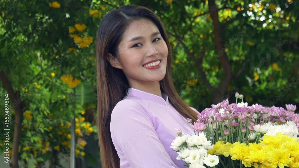 Beautiful Asian woman with long hair in pink Vietnamese dress smiling and looking at the camera, 4K video. Beautiful Asian woman with long hair in pink Vietnamese dress smiling and looking at the camera, 4K video.