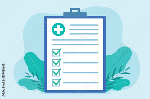 Medical checklist. Flat design vector. Illustration of Patient test results document. Green checkers. Medical document.