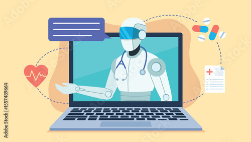 Ai bot on laptop screen. Chatbot connection and medical assistance. Heart, document and medicine icons. Speech cloud, patient data analysis. Health condition. Flat design illustration. Teleconsultatio