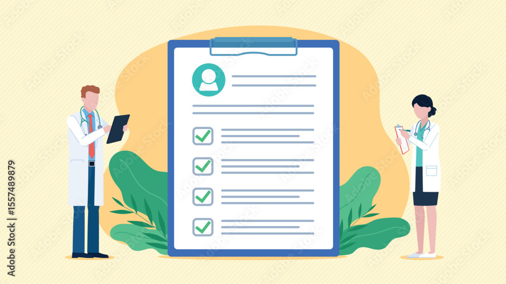 Doctors standing by the checklist with patient data. Document with test results. Doctor with tablet and doctor with notebook. Test and result. Patient health analysis. Flat design vector. Doctors standing by the checklist with patient data. Document with test results. Doctor with tablet and doctor with notebook. Test and result. Patient health analysis. Flat design vector.