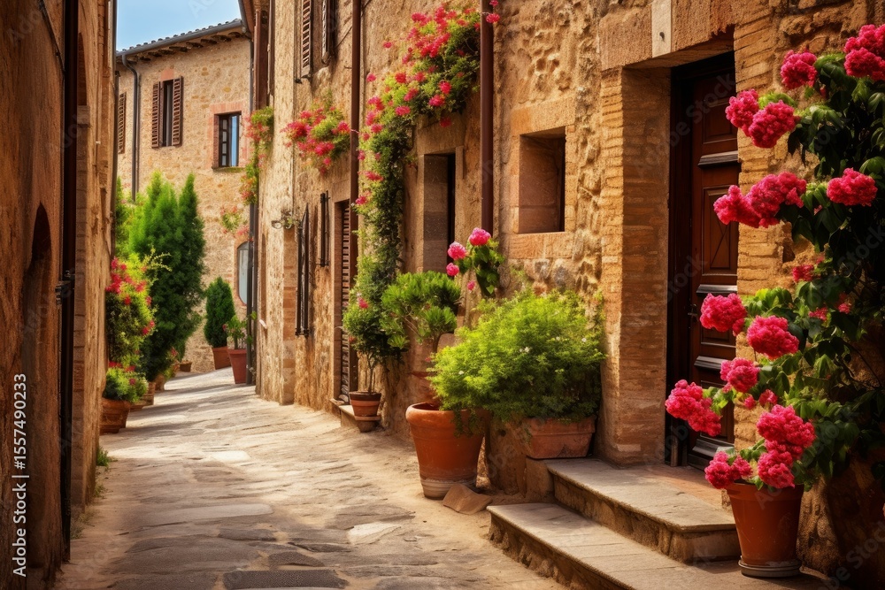 Obraz premium Stone paved narrow street with colorful flowers decorating the building facades in a charming italian medieval town