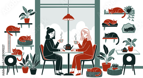 Two Asian young women drinking tea in cat cafe. Cozy cafe interior design features stylish furniture and adorable cats relaxing on shelves and beds.