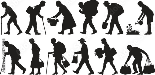 Silhouette gardening people set. Tools, plants, shovel, watering can vector illustration