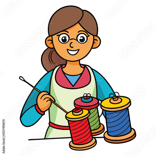 A woman holds colorful thread spools while stitching, showing her creative sewing hobby on a plain background.