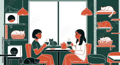 Two women in cat shelter. Relaxed atmosphere with many cats resting on shelves and in baskets. Cozy cat cafe interior design.