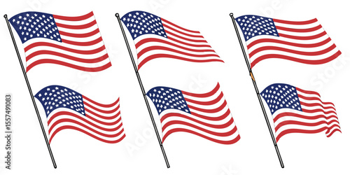 United States flag vector set featuring classic and modern waving flag designs.