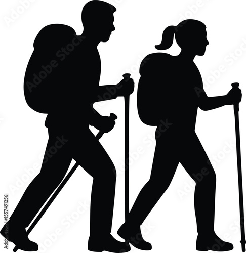 Silhouette hikers couple trekking with backpacks and sticks Vector illustration