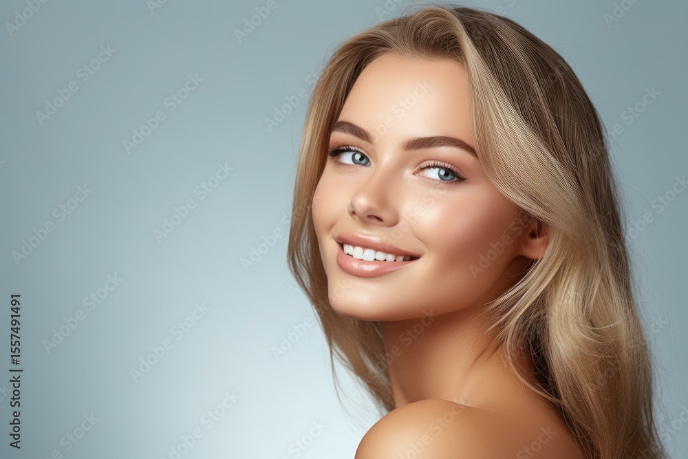 Fototapeta premium Studio portrait of a beautiful smiling blonde woman with long healthy hair showing white teeth