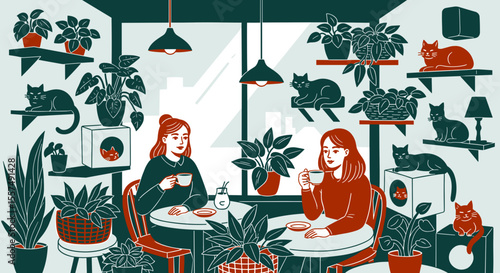 Pretty girls relaxing in a cafe with cats and potted plants. Cozy cafe features numerous cats and lush plants. This illustration of cat cafe is perfect for cafe menus, websites, and social media.