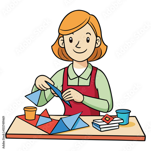 A woman makes paper crafts with scissors and glue, enjoying a creative and precise hobby on a plain background.