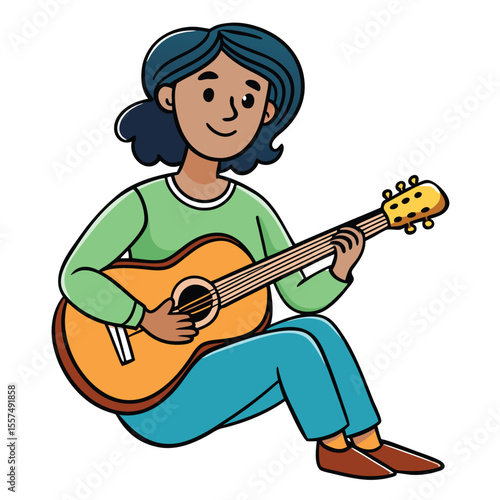 A woman plays guitar while sitting on the floor, enjoying music in a relaxed setting on a clean white background.