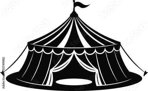Classic Circus Tent Silhouette with Flag and Drapes in Black and White