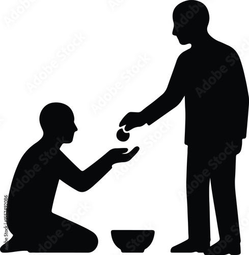 Silhouette man giving money to beggar sitting with bowl Vector illustration