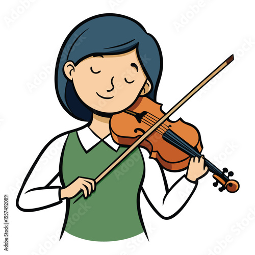 A woman plays violin with eyes closed, lost in the music and emotion on a clean white background.
