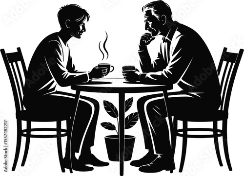 Silhouette of Two Men Talking Over Coffee at Café Table